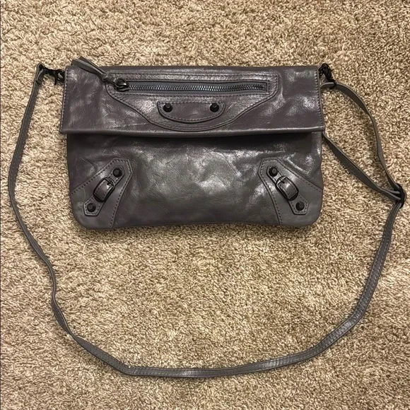 Balenciaga Gray Crossbody Bag with Distressed Leather and Fold-Over Design - Picture 1 of 8